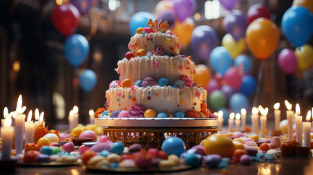 Elegant birthday cake with candles and balloons, ideal for celebration and party atmosphere.の素材