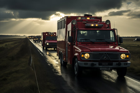 Multiple emergency vehicles on wet road in the evening, responding to an emergency.の素材