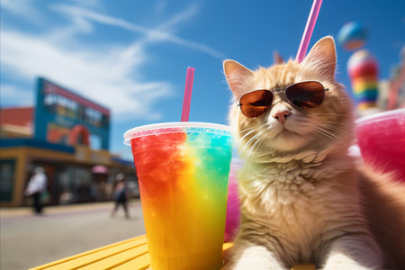 Relaxed cat with sunglasses on beach chair, colorful cocktail glass, basking in sunlight.の素材