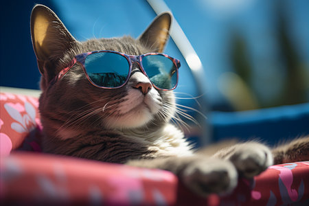Chilled-out cat lounging on a beach chair, trendy sunglasses under the warm sunlight.の素材