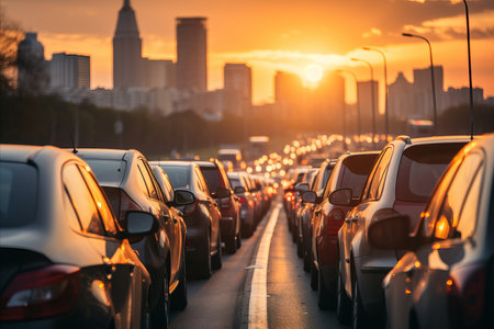 Traffic congestion during rush hour in a metropolis. Cars stuck in highway gridlock at sunset.の素材