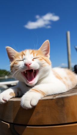 Playful little kitten yawning and stretching on a wooden pedestal with blue sky background. Vertical Composition.の素材
