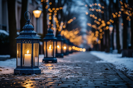 Elegant Candlelight Lantern Decoration on Snowy Winter Street During the Enchanting Winter Season.の素材