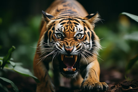 A mesmerizing photo of a tiger in the wild, growing and displaying its power. The dark background emphasizes the tigers strength and dominance in the natural habitat.の素材