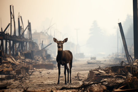 A lone deer stands in the middle of a street in a fire-ravaged neighborhood. The deer is looking at the camera. The background is a blur of destruction.の素材