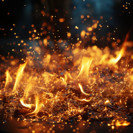Vivid flames flicker against a midnight black backdrop, casting a warm glow and emitting fiery embers. Perfect for connoting energy, passion and a hint of peril.の素材