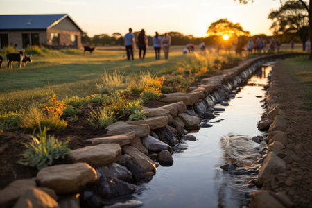 A serene sunset over a babbling brook in a lush green field, with people strolling in the background. The sun sets majestically, casting a warm glow over the idyllic scene.の素材