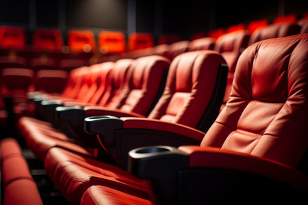 Experience the ultimate in modern cinematic comfort with plush red leather seats, convenient cupholders, and spacious stadium seating in this state-of-the-art movie theater.の素材