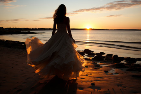 A photo of a woman in a long dress on the beach at sunset, with the wind blowing her hair and dress. The warm colors create a peaceful scene, perfect for a romantic getaway.の素材