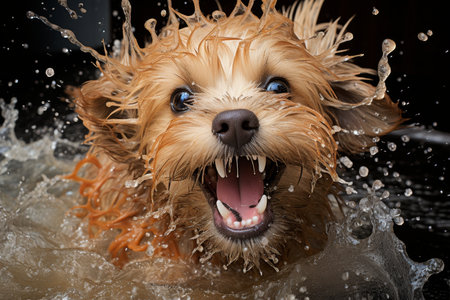 A small tan-colored dog vigorously shakes its head, sending water drops flying against a black background. This captures the joy of a pet enjoying a refreshing moment.の素材