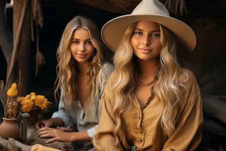 Two women with hair down, one in white blouse, the other in brown blouse with hat, standing close together in a park on a sunny day, smiling and looking at the camera.の素材