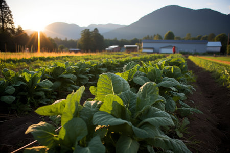 Golden sunlight bathes the lush green rows of leafy vegetables in a picturesque rural farm, creating a tranquil and vibrant setting as the day peacefully transitions to dusk.の素材