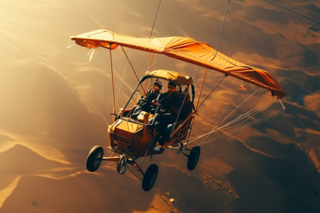 A paramotor trike vehicle flying over a desert landscape, offering a unique perspective. The orange canopy billows in the wind, contrasting with the sandy hues below.の素材