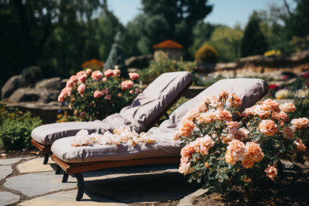 Two gray chaise lounge chairs with pink roses on the cushions sit by the swimming pool, surrounded by a lush garden with pink rose bushes and green trees.の素材