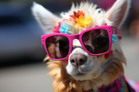 A cute and stylish alpaca wearing sunglasses and a flower crown poses for the camera, with an out-of-focus background adding to the captivating image.の素材