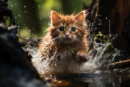 Delightful cute kitten having fun while running and playing in the refreshing water.の素材