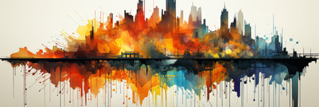 A vibrant watercolor cityscape skyline with a creative artistic impression, featuring a blend of warm and cool colors and a unique splatter paint effect. Panoramic Composition.の素材