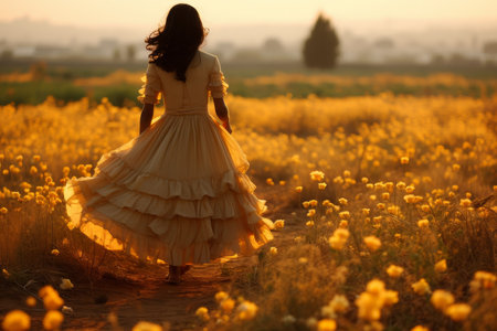 Woman with long flowing hair wearing a vintage dress, standing in a field of vibrant yellow flowers during a beautiful sunset. She appears carefree and happy in the serene setting.の素材