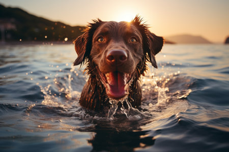 A chocolate Labrador Retriever dog joyfully swims in the ocean at sunset, splashing in the water as the warm glow of the setting sun creates a picturesque scene.の素材