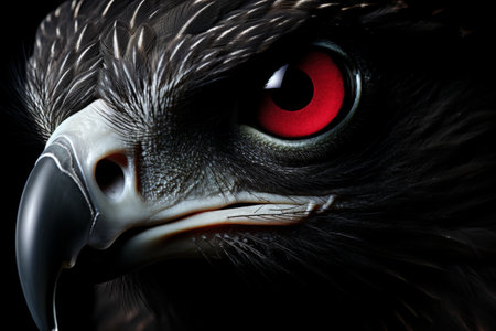 A powerful black eagle with intense red eyes, showing strength and ferocity. The close-up image captures the sharp talons and beak, creating an unforgettable portrait.の素材