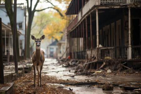 An urban deer stands in the middle of a street that is lined with abandoned and destroyed buildings. The deer is looking directly at the camera. The scene is post-apocalyptic and eerie.の素材