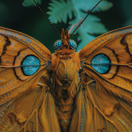 A stunning macro photograph capturing the vibrant colors and intricate patterns of a beautiful butterfly, showing its delicate wings and compound eyes in exquisite detail.の素材