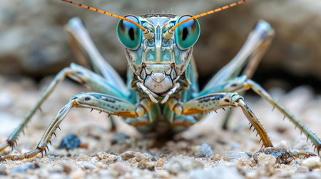 Amazing macro photography of a bright green grasshopper on a blurred background, revealing intricate details and textures of the insects body. Isolated on a pastel blue background.の素材