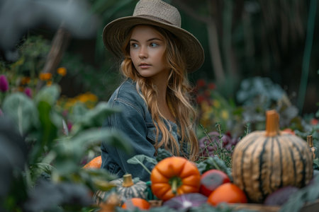 A young woman wearing a straw hat is sitting in a pumpkin patch. She is looking off to the side with a passive expression. There are pumpkins and gourds of various sizes around her.の素材
