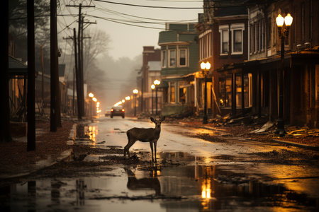 A lone deer in an empty, debris-filled street with damaged, abandoned buildings in a post-apocalyptic urban setting. The deer appears lost and alone, gazing into the distance.の素材