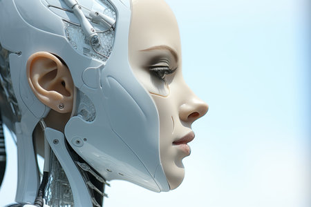 3D rendering of a futuristic robotic female head with realistic skin texture and metallic structure, suitable for illustrating articles about AI, robotics, and technology.の素材