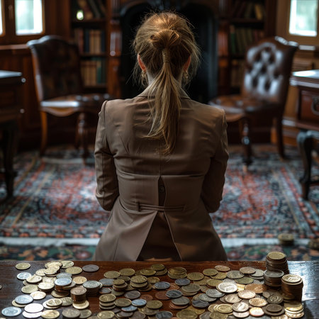 A confident and stylish businesswoman in a professional suit sitting on a luxurious ottoman by a cozy fireplace, surrounded by a stack of shimmering coins symbolizing wealth and success in business.の素材