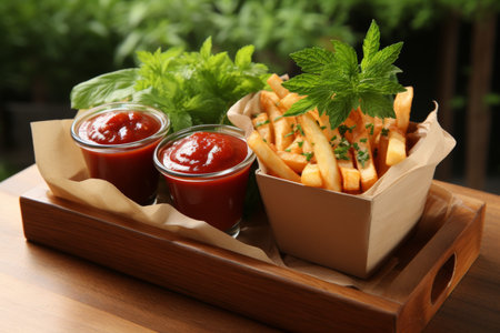 A mouth-watering fast food dish of crispy fries in a cardboard container with ketchup, garnished with parsley and lettuce, placed on a wooden table.の素材