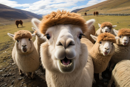 A group of adorable and cheerful alpacas with quirky hairstyles, standing together against a clean white backdrop, ideal for various creative projects and designs.の素材
