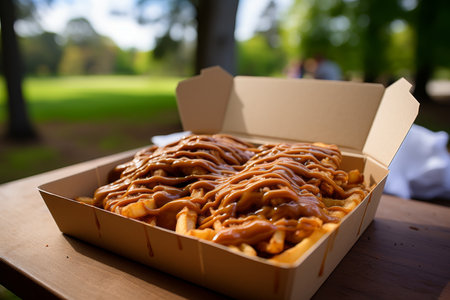 An image of a container of French fries with melted cheese on top sitting on a wooden table outside. There is a park in the background with trees and people walking about.の素材