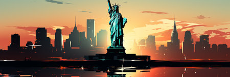 The Statue of Liberty in NYC at sunset, symbolizing freedom and democracy. Its torch guides individuals towards hope and new beginnings in the USA.の素材
