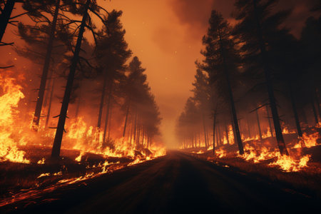 A road runs through the center with trees ablaze on either side. The sky is dark, shrouded in smoke and flames, depicting a scene of destruction and chaos.の素材