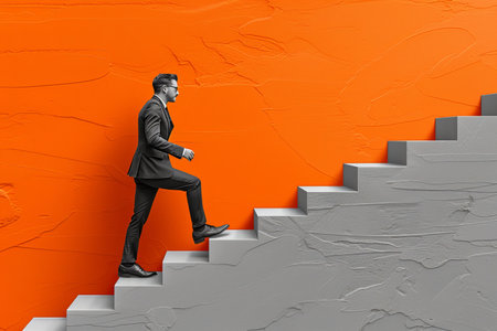 Full length side view of a businessman in a suit and glasses stepping up on concrete stairs against an orange wall background. Concept of career ladder, promotion, growth, and success.の素材