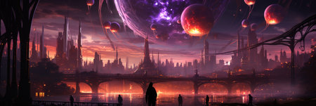 A captivating cityscape at night with a red moon, floating lanterns, tall buildings, bridges, and people walking under red clouds, creating a mysterious and enchanting atmosphere. Panoramic Composition.の素材