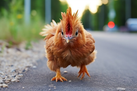 A fluffy brown chicken with a red comb stands on an asphalt road in the countryside, embodying rural tranquility. The blurred background enhances its charm, creating a captivating image.の素材