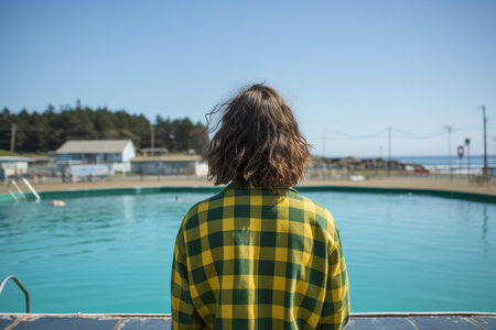 A serene young woman, with a contemplative expression, sits at the edge of an empty swimming pool, gazing at the vast expanse of the ocean before her, lost in thought.の素材