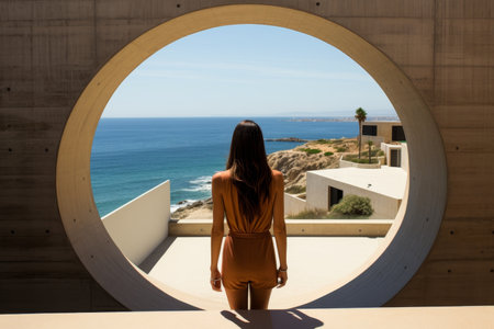 A woman standing on a balcony overlooking the vast ocean through a circular window. She exudes peace and confidence, embodying tranquility and relaxation in the serene setting.の素材