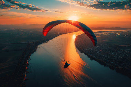 Looking for an adrenaline rush Try paragliding over a river at sunset for stunning views of the river and the surrounding countryside, an unforgettable experienceの素材