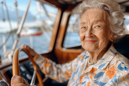 An elderly woman with a warm smile sits at the helm of a boat, her eyes reflecting the calm sea around her. The gentle sway of the waves matches her peaceful expression, creating a serene atmosphere.の素材