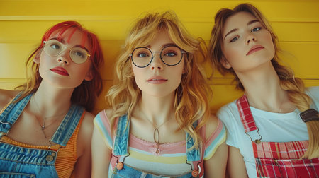 Three diverse friends in trendy outfits pose against a yellow wall. They smile at the camera from a low angle with a blurred background, exuding joy and camaraderie.の素材