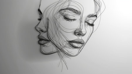 The drawing is made up of a series of fine lines that create a delicate and detailed image. The womans face is serene and peaceful, and her eyes are closed in a restful expression.の素材