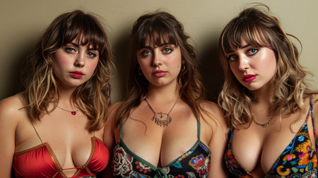 The women are wearing revealing clothing and have their hair styled in a variety of ways. They have different facial expressions, but they all look confident and self-assured.の素材
