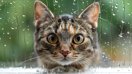 A curious cat with big eyes looks outside the window. The cat is looking at something outside the window with curiosity. The cat is a tabby cat with brown and white fur.の素材