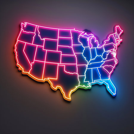 A retro-styled, glowing neon rainbow-colored map of the United States of America. Perfect for travel and tourism-related projects, websites, and social media posts.@240807_の素材
