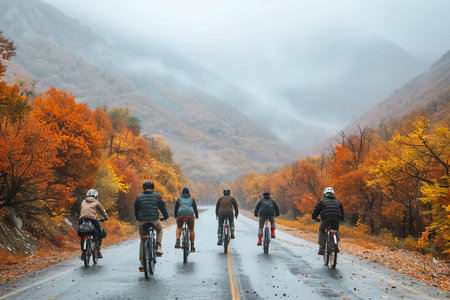 A group of cyclists enjoying a scenic ride down a road surrounded by colorful fall foliage trees, with majestic mountains as a stunning backdrop for their outdoor adventure.@240807_の素材