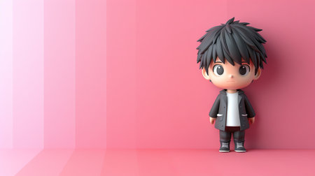 A confident young boy in a white shirt, black sweater, and pants stands in a 3D illustration on a vibrant pink background. The boy's expression exudes self-assurance and style. Copy space.@240807_の素材